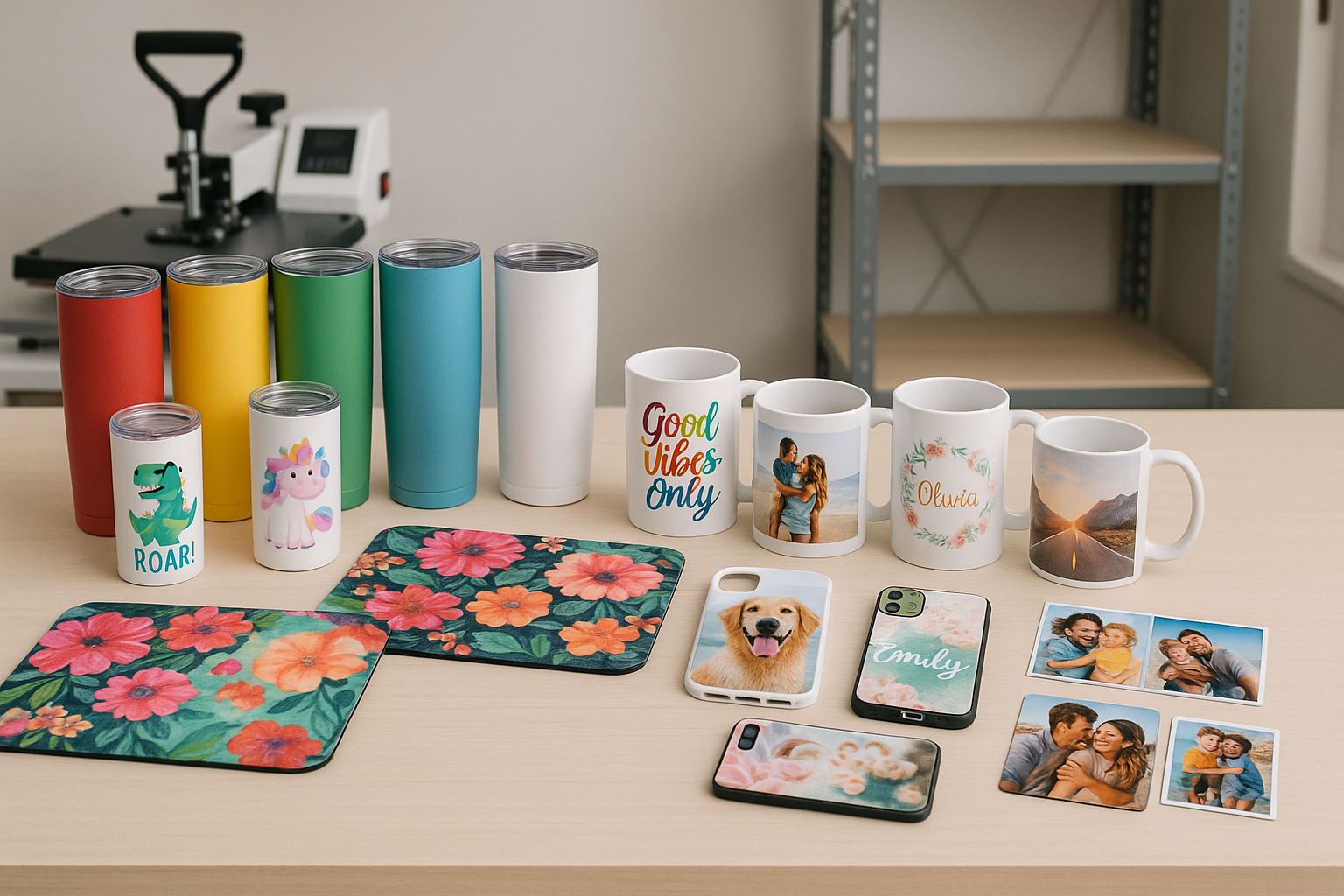 Work table with sublimation products like tumbler, kids tumblers,mouse pads,mugs, celphone case and magnet pictures